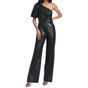 SACHIN & BABI Jagger Jumpsuit in Black Puff Sleeve One Shoulder Faux Leather 0